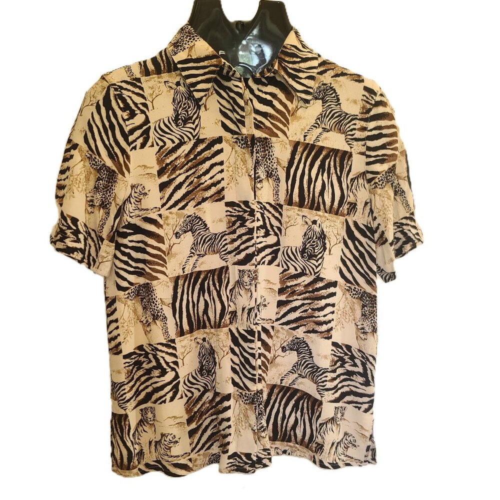 ALFRED DUNNER Safari Animal Print Button Down Collar Top 8P Tiger Zebra Leopard